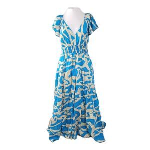 MELLODAY Maxi Dress Flutter Sleeve Blue Cream Abstract Back Cut Out Size Large